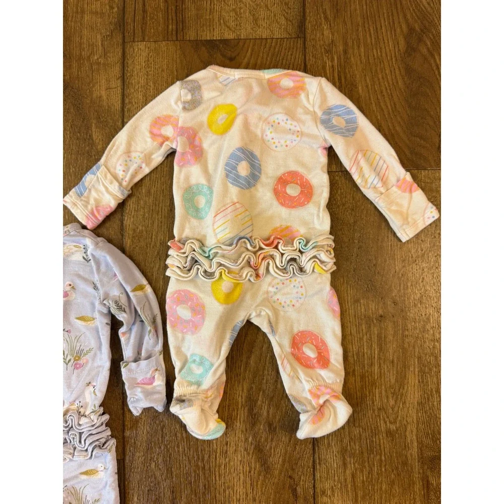 Angel Dear Newborn Baby Girl Bamboo Sleepers Ruffle Bottom Swan Donuts Bundle
